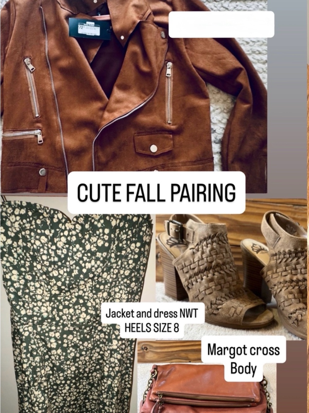Fall Outfit - suede jacket + floral dress + cross body + block heel bootie